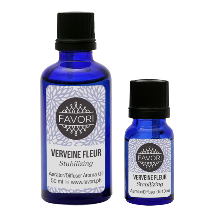 Two bottles of FAVORI Scents Verveine Fleur Aerator/Diffuser (AD) Aroma Oil in different sizes with a background reflecting their intended use for stabilization.