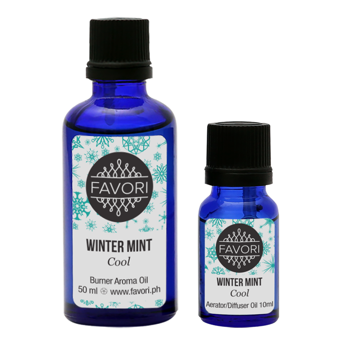 Two bottles of FAVORI Scents Winter Mint Aerator/Diffuser (AD) Aroma Oil in different sizes with cool-themed packaging.