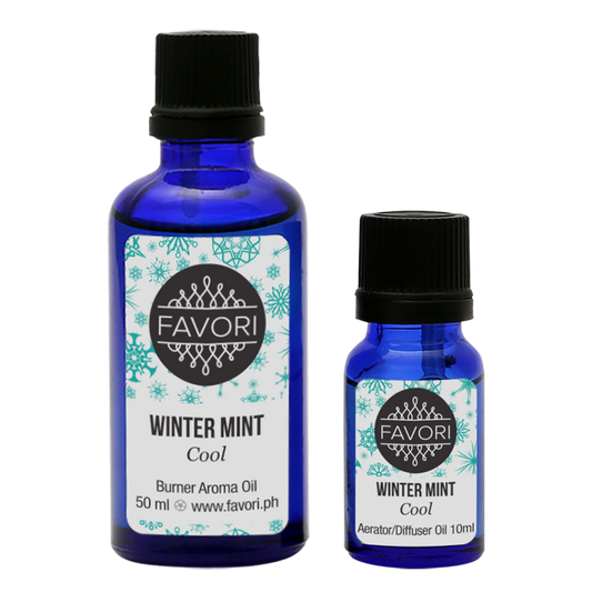 Two bottles of FAVORI Scents Winter Mint Aerator/Diffuser (AD) Aroma Oil in different sizes with cool-themed packaging.