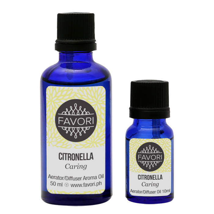 Two bottles of FAVORI Scents' Citronella Aerator/Diffuser (AD) Aroma Oil in different sizes against a white background.
