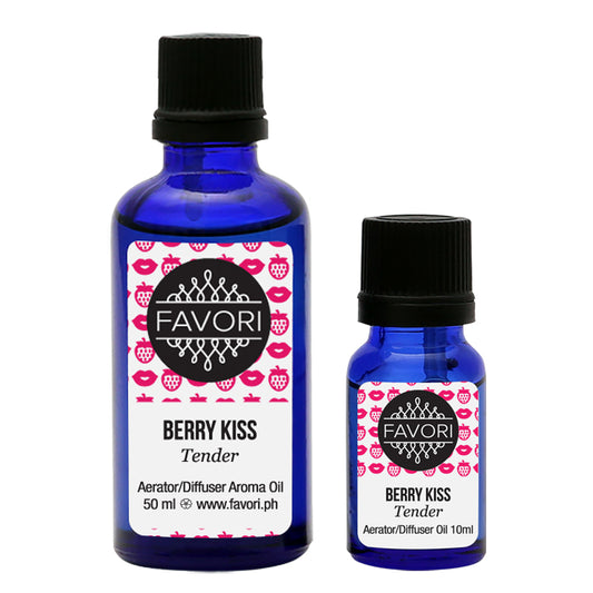 Two bottles of Berry Kiss Aerator/Diffuser (AD) Aroma Oil by FAVORI Scents, one larger and one smaller, against a white background.