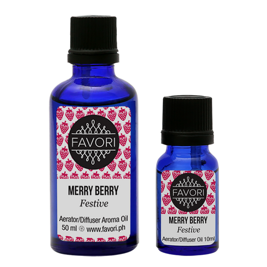 Two bottles of FAVORI Scents Merry Berry Aerator/Diffuser (AD) Aroma Oil in different sizes, with labels indicating the scent as festive.