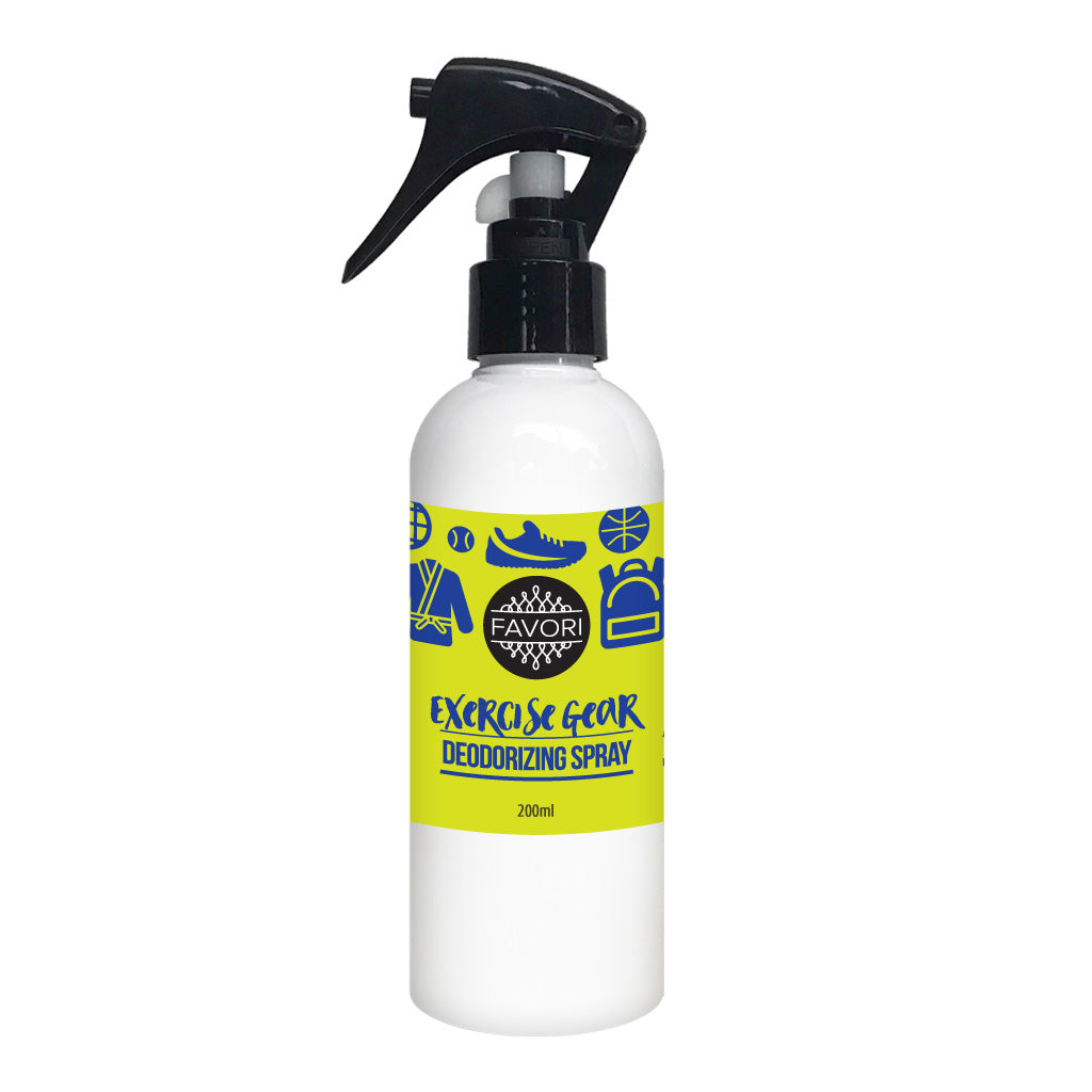 A spray bottle of oil-based, FAVORI Scents Exercise Gear Deodorizing Air Spray.