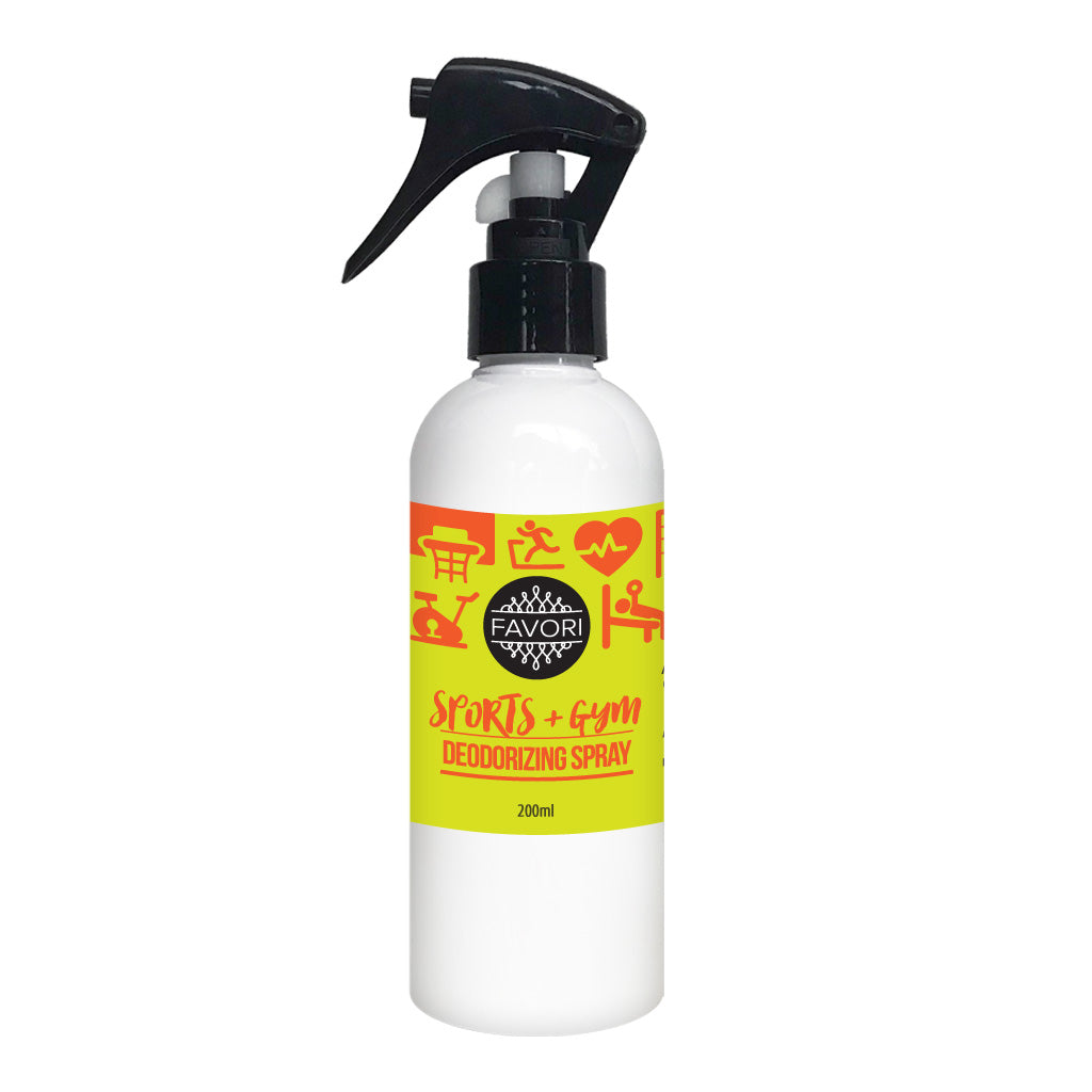 Sports & Gym Deodorizing Air Spray bottle with a trigger nozzle, favored for its oil-based formula from FAVORI Scents.