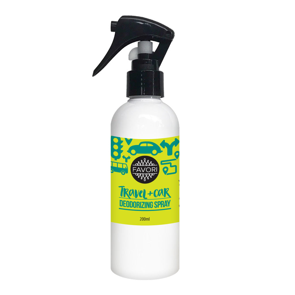 White spray bottle with green and black label for Travel & Car Deodorizing Air Spray (AS) 200ml from FAVORI Scents, now with added favori oil.