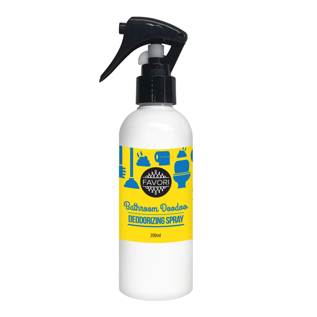 White spray bottle labeled "FAVORI Bathroom Doodoo Deodorizing Air Spray (AS) 200ml" with blue and yellow label design.