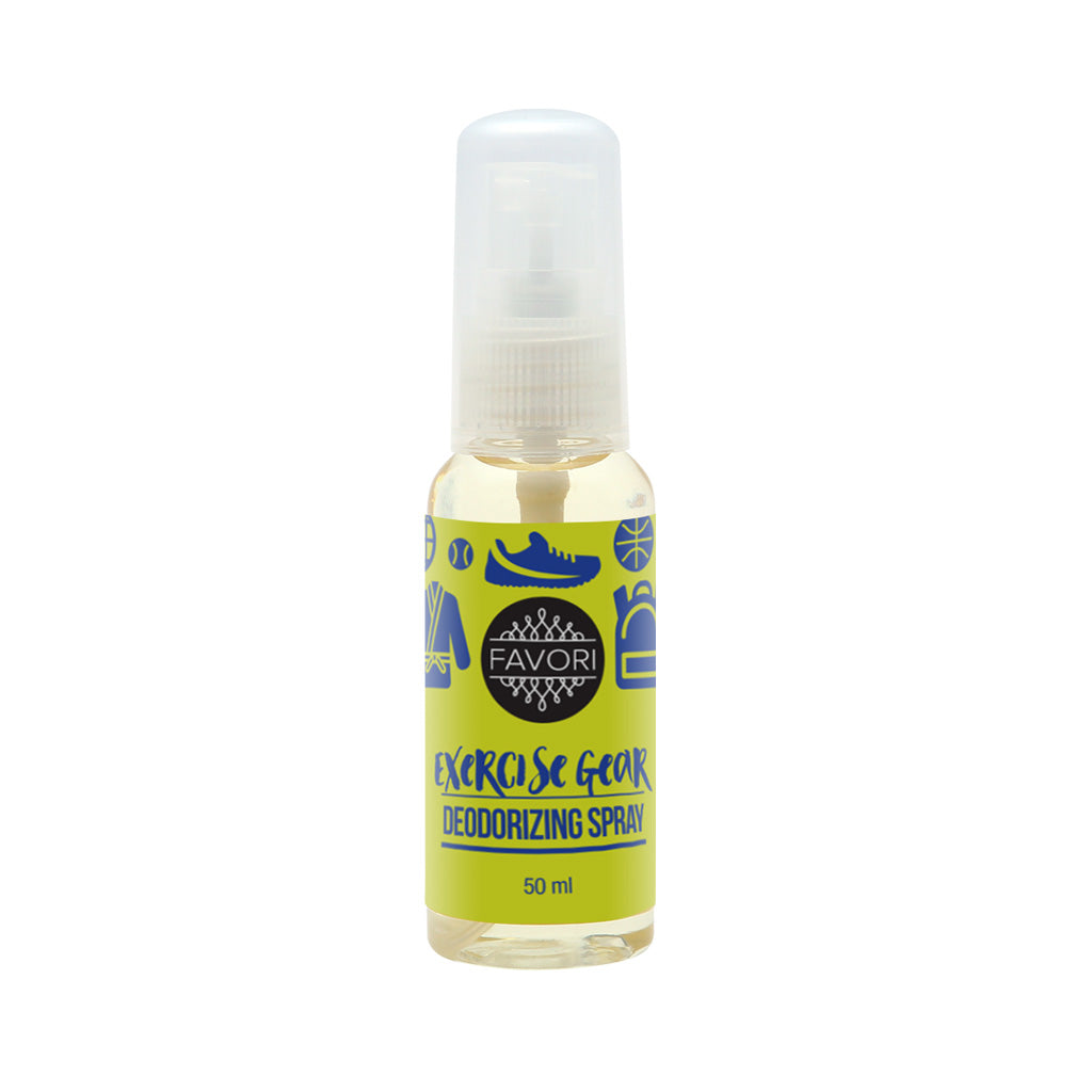 A bottle of FAVORI Scents Exercise Gear Deodorizing Air Spray (AS), 50 ml.