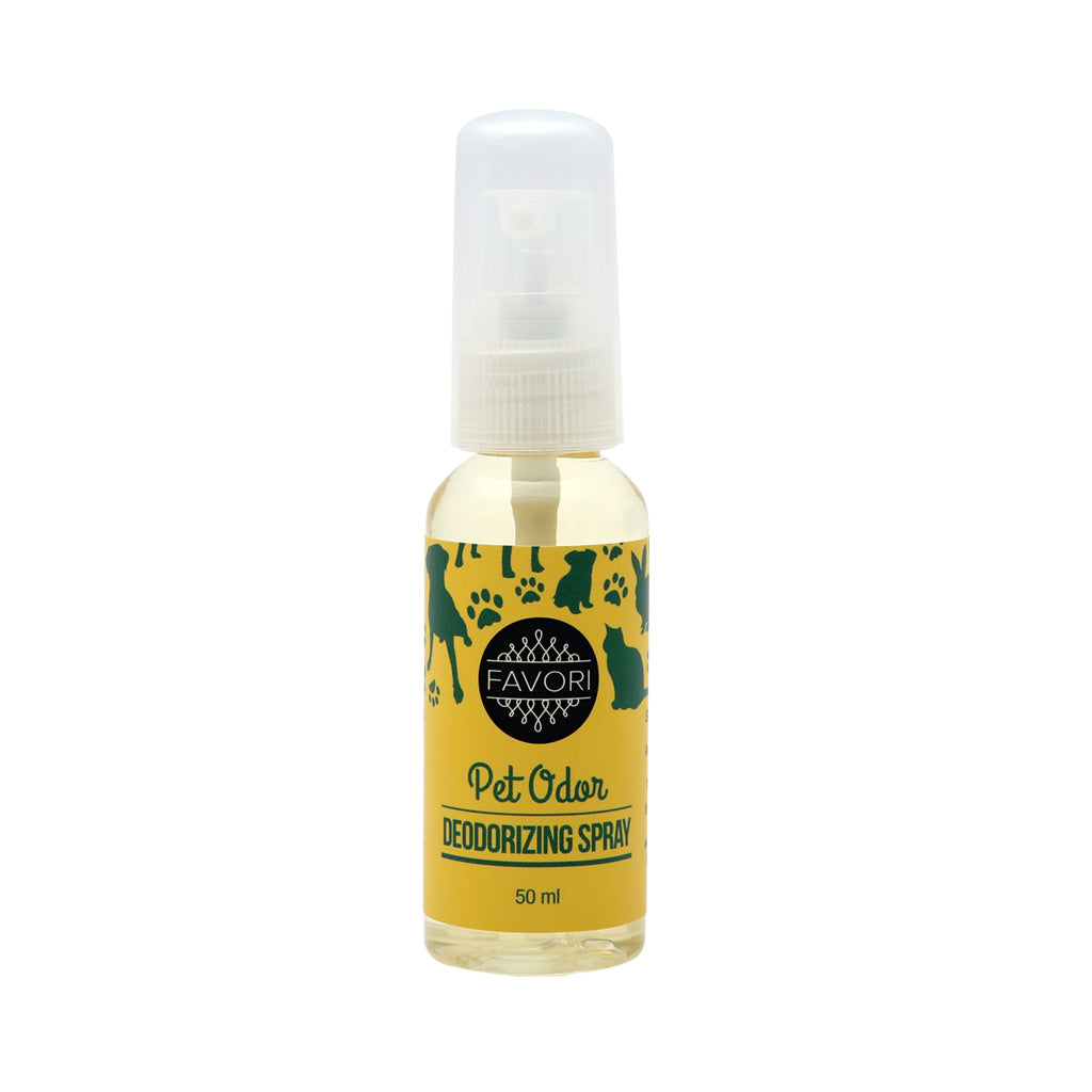 A 50 ml bottle of FAVORI Scents Pet Odor Deodorizing Air Spray (AS) on a white background.