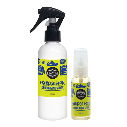 Two bottles of FAVORI Scents Exercise Gear Deodorizing Air Spray in different sizes with label designs featuring fitness icons, each infused with a favorite oil scent.