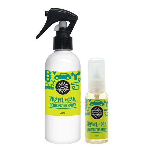 Two bottles of FAVORI Scents Travel & Car Deodorizing Air Spray with different sizes.