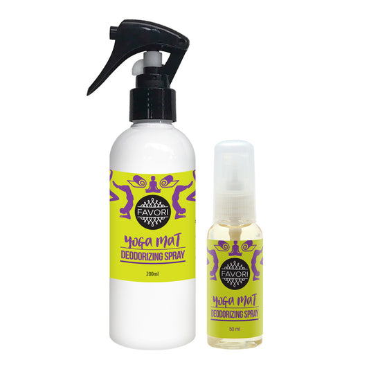 Two bottles of FAVORI Scents Yoga Mat Deodorizing Air Spray in different sizes.