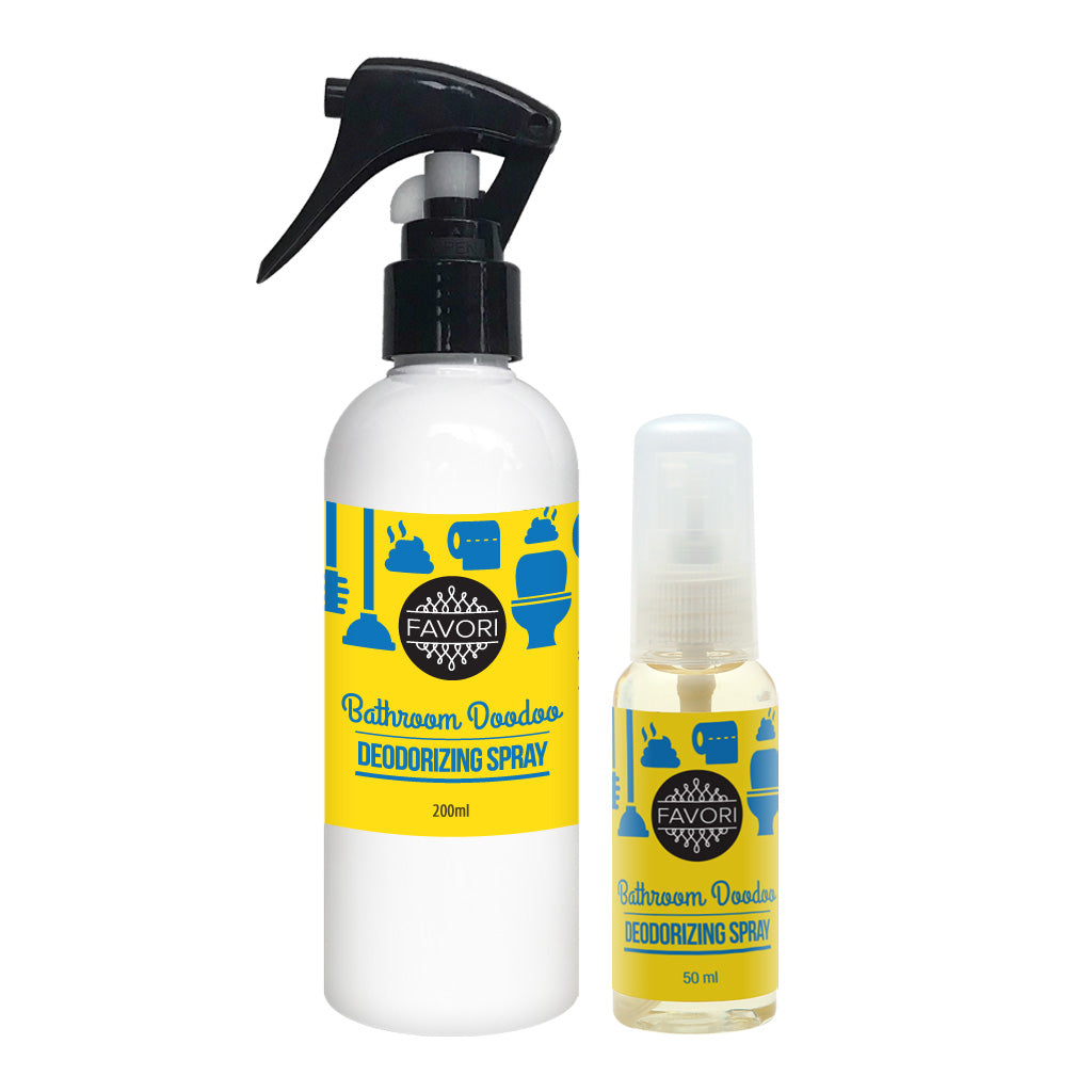 Two bottles of FAVORI Scents Bathroom Doodoo Deodorizing Air Spray (AS) in different sizes.