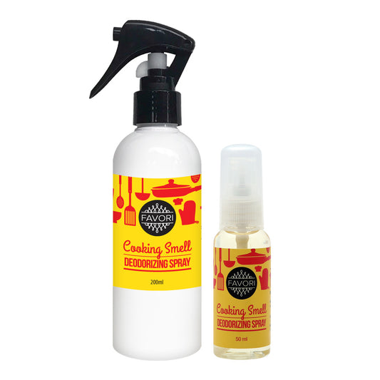 Two bottles of Cooking Smell Deodorizing Air Spray in different sizes, FAVORI Scents.