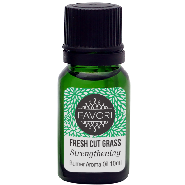 A bottle of FAVORI Scents "Fresh Cut Grass Burner" scented aroma oil, 10ml.
