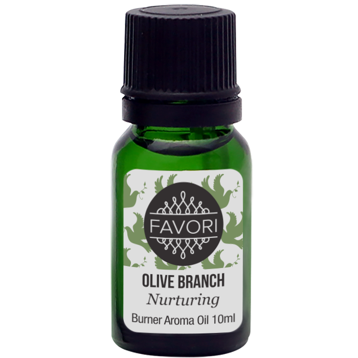 A small green bottle of "FAVORI Olive Branch Burner (BR) Aroma Oil, 10ml" on a white background.