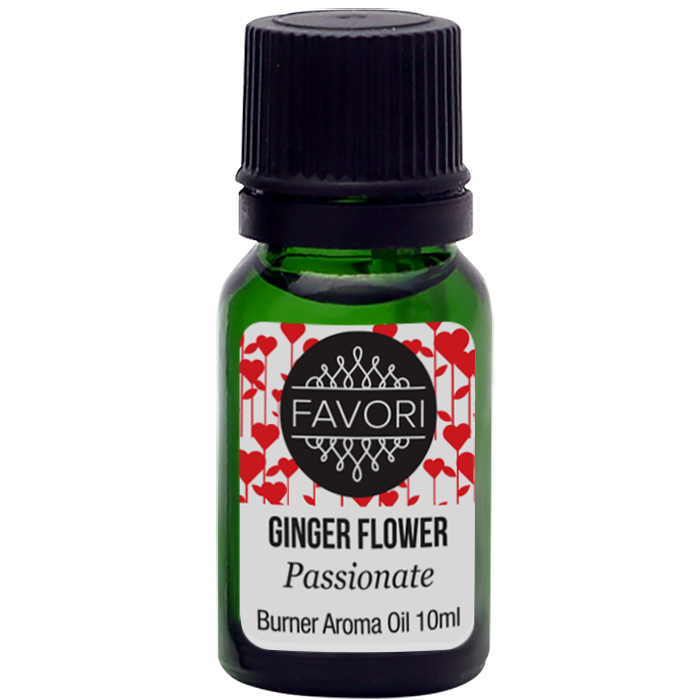 A small bottle of FAVORI Scents Ginger Flower Burner Aroma Oil with a capacity of 10ml.