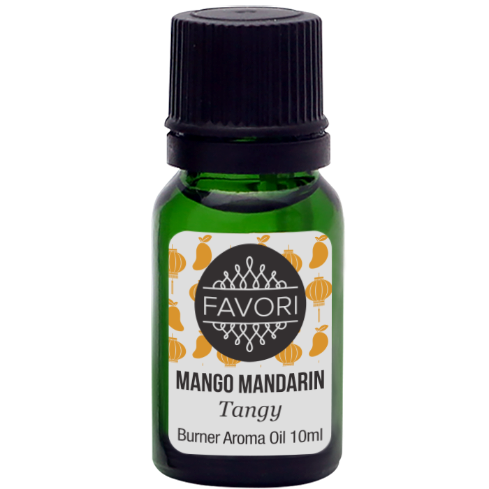 A bottle of FAVORI Scents Mango Mandarin Burner (BR) Aroma Oil, 10ml size.