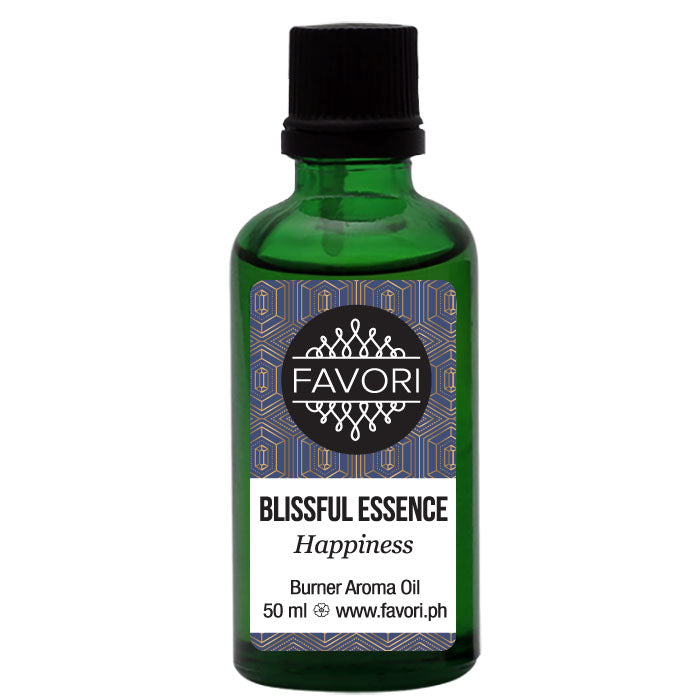 A bottle of FAVORI Scents Blissful Essence Burner (BR) Aroma Oil, labeled "happiness," 50 ml.