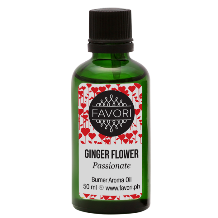 A bottle of FAVORI Scents Ginger Flower Burner Aroma Oil with a red and white heart-themed label.
