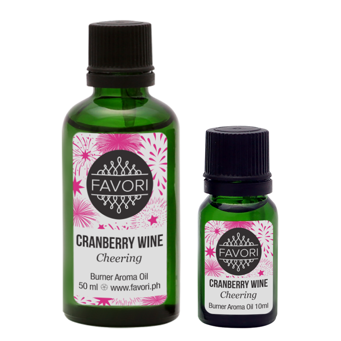Two bottles of FAVORI Scents' Cranberry Wine Burner Aroma Oil in different sizes.