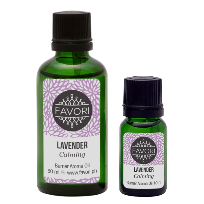 Two bottles of FAVORI Scents Lavender Burner Aroma Oil in different sizes.