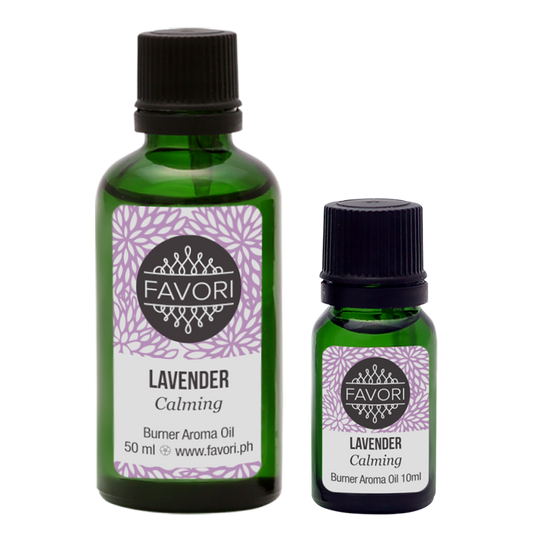 Two bottles of FAVORI Scents Lavender Burner Aroma Oil in different sizes.