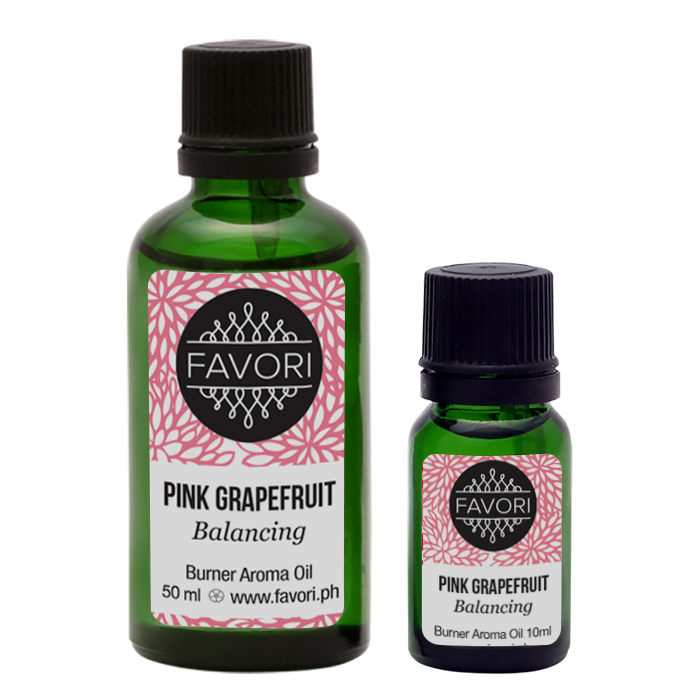 Two bottles of FAVORI Scents Pink Grapefruit Burner Aroma Oil in different sizes, labeled for balancing.