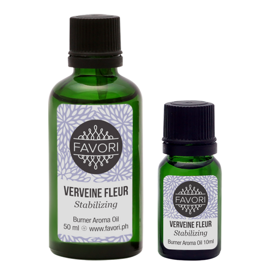 Two bottles of FAVORI Scents Verveine Fleur Burner aroma oils in different sizes with labels indicating one is 50 ml and the other is 10 ml.
