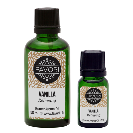 Two bottles of FAVORI Scents Vanilla Burner Aroma Oil in different sizes.