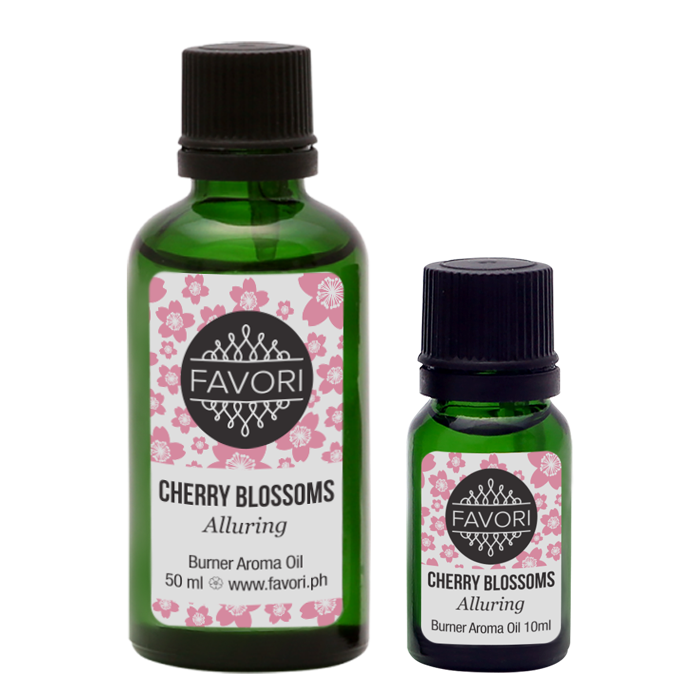 Two bottles of FAVORI Scents Cherry Blossoms Burner (BR) Aroma Oil in different sizes.