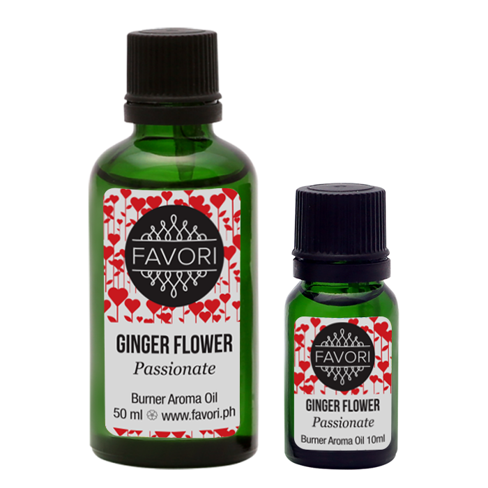 Two bottles of FAVORI Scents ginger flower burner aroma oil in different sizes.