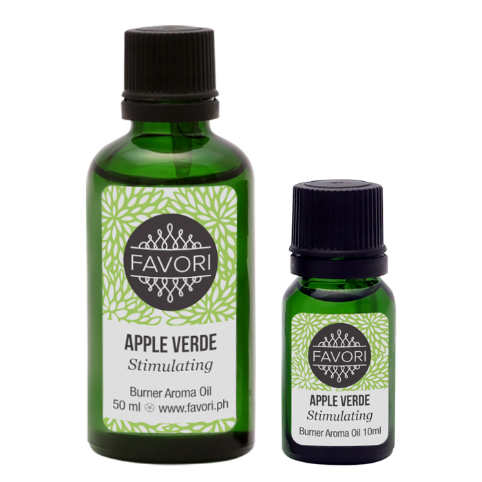 Two bottles of FAVORI Scents Apple Verde Burner Aroma Oil in different sizes.