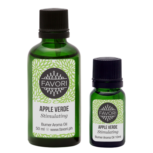 Two bottles of FAVORI Scents Apple Verde Burner Aroma Oil in different sizes.
