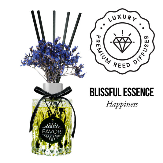 Aromatic reed diffuser with lavender sprigs and a "Blissful Essence Premium Reed Diffuser" label, enhanced with FAVORI oil.