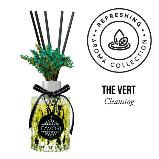 Reed diffuser with cleansing green tea scent oil from FAVORI Scents' The Vert Premium Reed Diffuser (PRD).