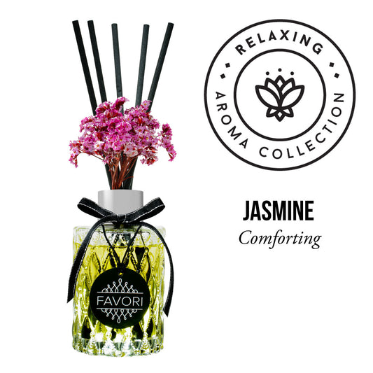 Aromatic diffuser with jasmine scent and pink flowers, part of FAVORI Scents' relaxing aroma oil collection.