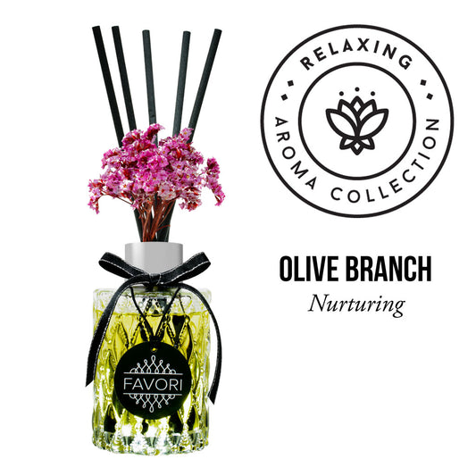 Aromatic reed diffuser with floral accents and FAVORI Scents branded "Olive Branch Premium Reed Diffuser" from the relaxing aroma collection.