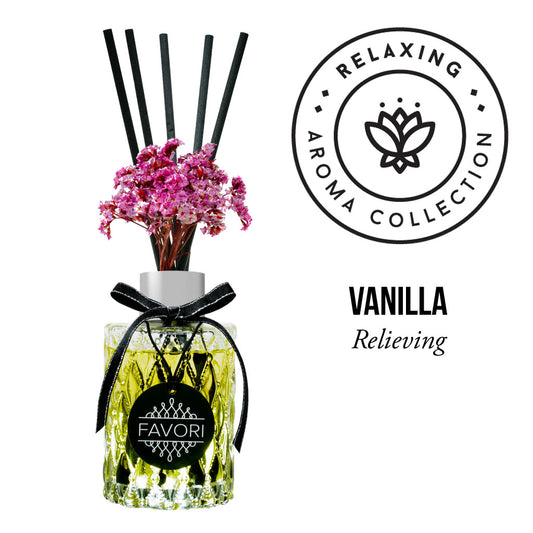 Vanilla Premium Reed Diffuser with pink flowers from the Relaxing Aroma Collection by FAVORI Scents.