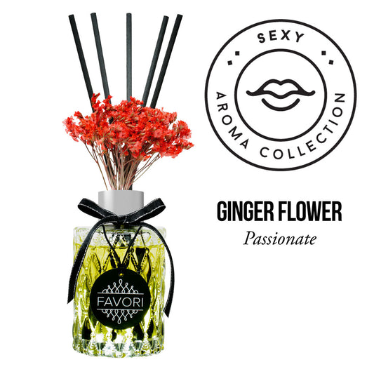 Aromatic oil diffuser with Ginger Flower Premium Reed Diffuser (PRD) from the sexy aroma collection by FAVORI Scents, marketed as "passionate" with red flowers and black reeds.