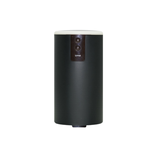 A black cylindrical Car Diffuser from FAVORI Scents with control buttons on top against a solid background, exuding an air of elegance.