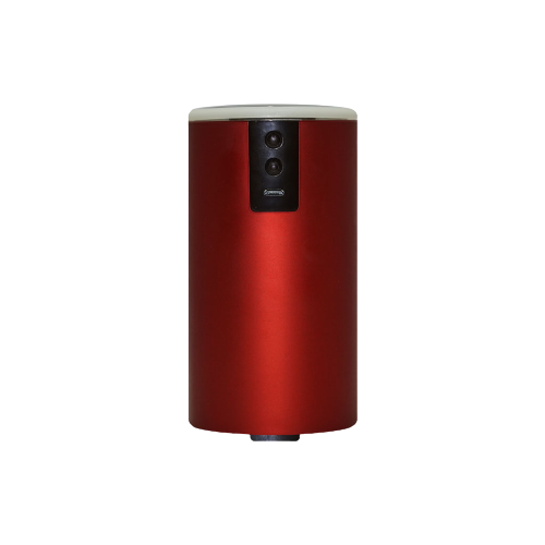 Red cylindrical Car Diffuser with built-in camera on a plain background, featuring oil-resistant surfaces by FAVORI Scents.