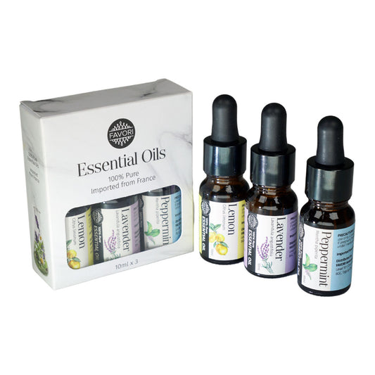A set of three FAVORI Scents 100% Pure Essential Oils bottles with droppers, featuring peppermint, lemon, and lavender scents, alongside their packaging box.