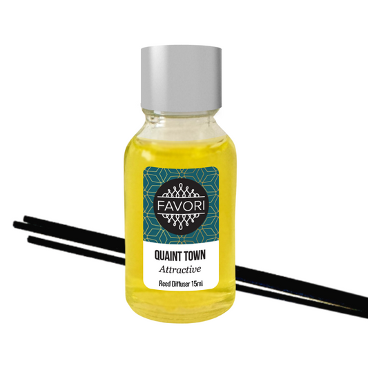 A 15ml bottle of FAVORI Scents' Quaint Town Mini Reed Diffuser (MRD) oil labeled "quaint town attractive" with fiber reed sticks, set against a white background.