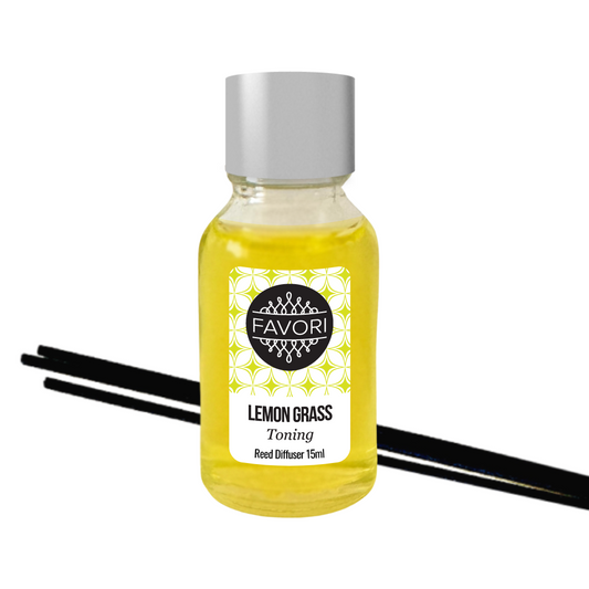 A bottle of FAVORI Scents Lemon Grass Mini Reed Diffuser (MRD) oil (15ml) with two fiber reed sticks against a white background.