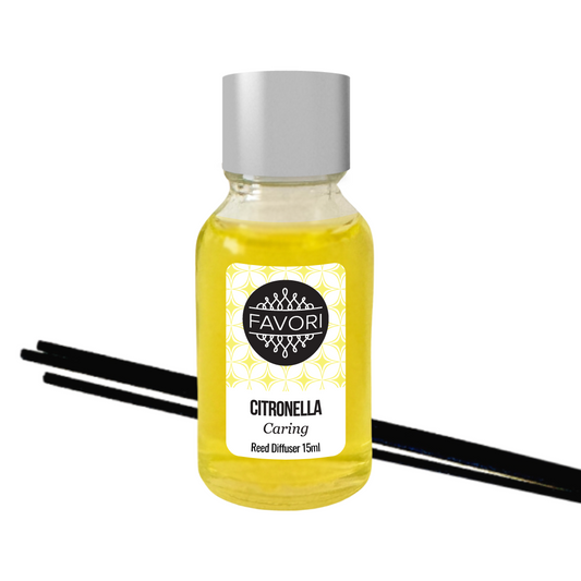 A small bottle of FAVORI Scents Citronella Mini Reed Diffuser oil with black fiber reed sticks, isolated on a white background.