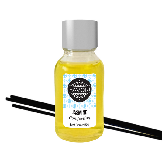 A small bottle of FAVORI Scents Jasmine Mini Reed Diffuser oil, 15ml, with two black fiber reed sticks on each side.