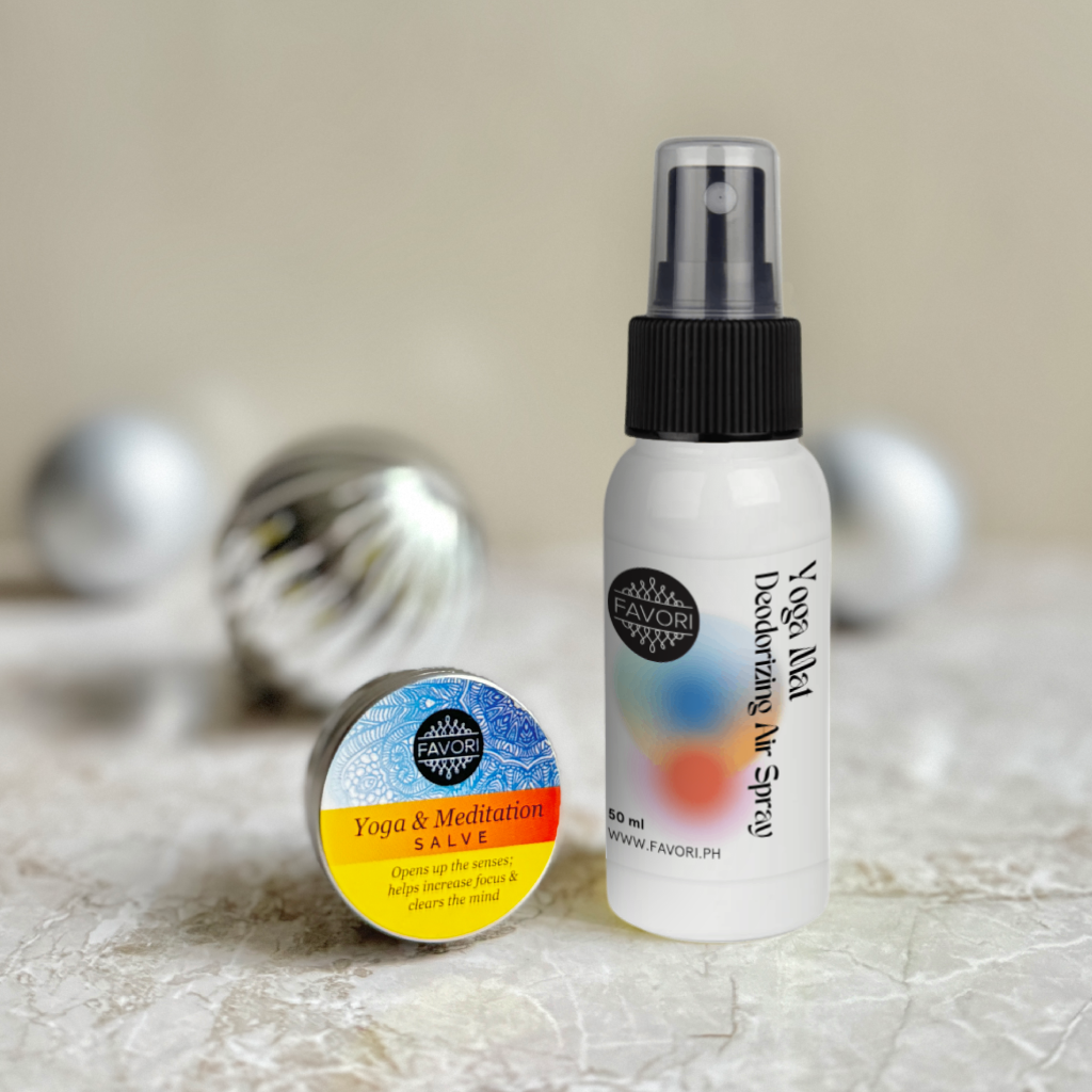 The FAVORI Scents Petit Gift Package with Yoga & Meditation Salve and Disinfectant Spray on marble.