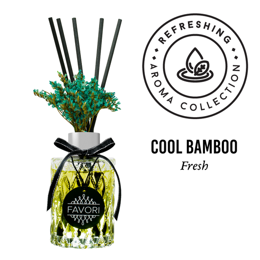Cool Bamboo Premium Reed Diffuser from FAVORI Scents' refreshing aroma collection, displayed with a label and blue-green reeds.