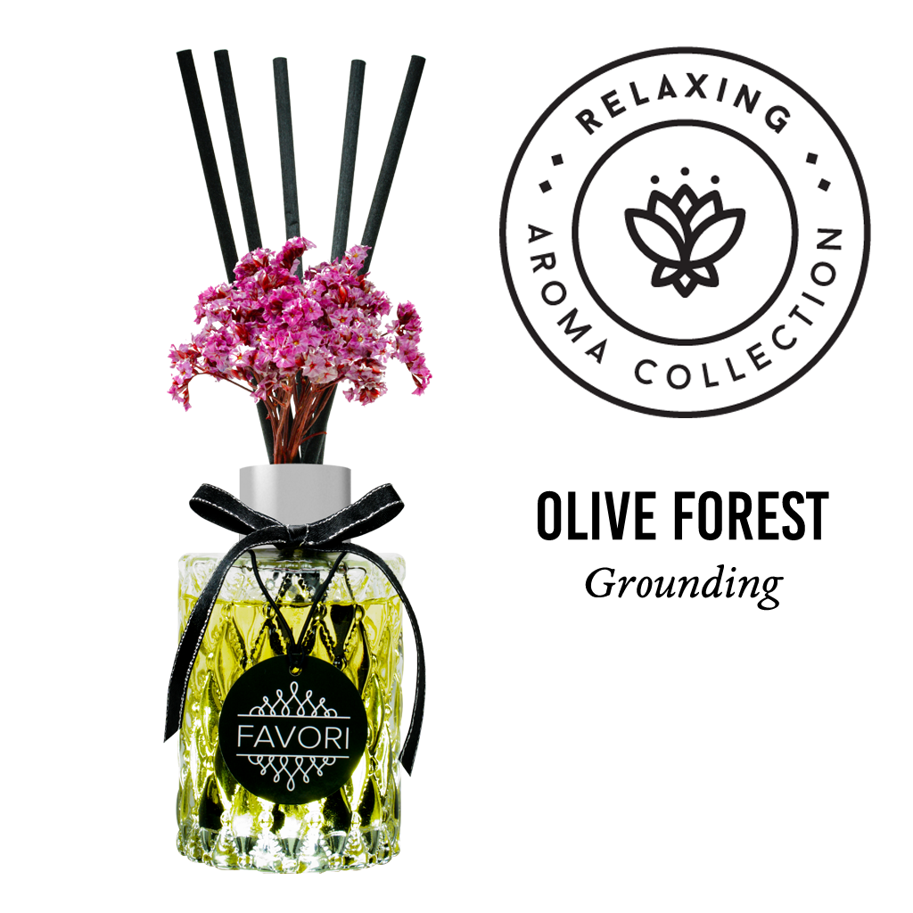 Reed diffuser with pink flowers, labeled as "Olive Forest" from FAVORI Scents' relaxing aroma collection, against a white background.