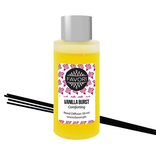 A bottle of FAVORI Scents Vanilla Burst Regular Reed Diffuser (RRD) with black sticks on a white background.